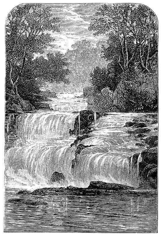 科拉・林瀑布，南拉纳克郡克莱德瀑布，苏格兰- 19世纪